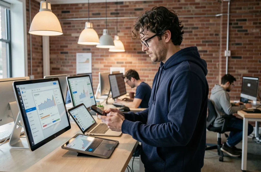 Homme en espace de coworking comparant des applications alternatives à Rabbit Findr sur smartphone et tablette