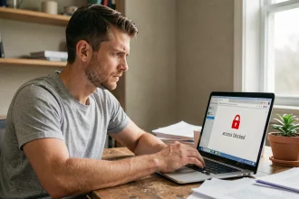Homme frustré devant un écran d'ordinateur affichant un message d'accès bloqué à un site web
