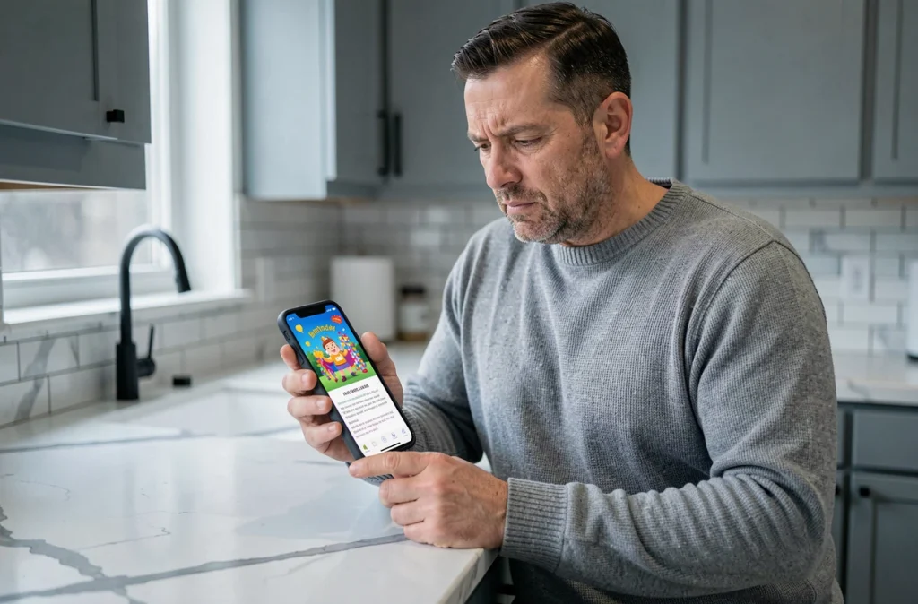 Homme tenant un smartphone affichant une cybercarte animée avec conditions d'utilisation à lire attentivement