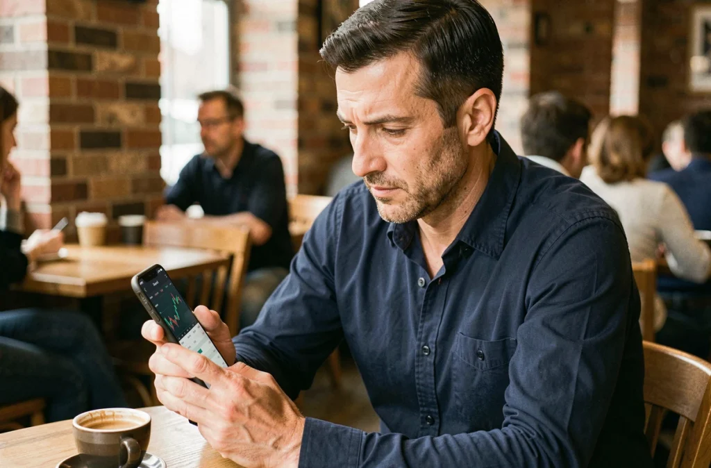 Homme utilisant une application Nokraf sur smartphone dans un café en 2026