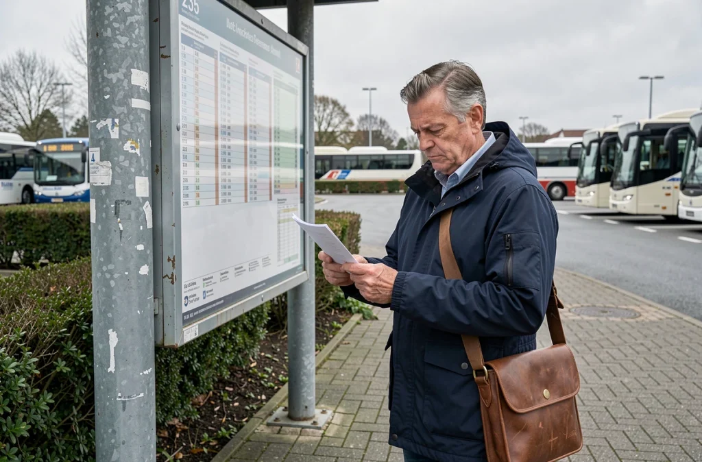 Homme comparant ses notes avec le tableau des horaires de la ligne 235 dans un pôle de transport urbain