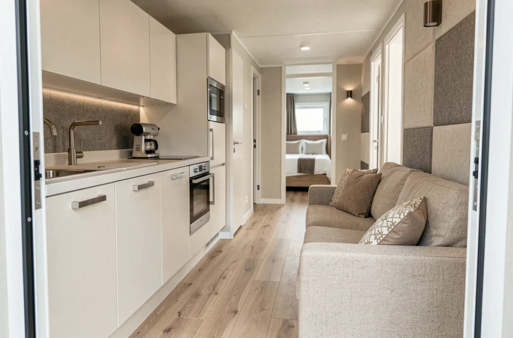 Intérieur spacieux et moderne d'un mobil-home haut de gamme avec cuisine équipée et salon confortable