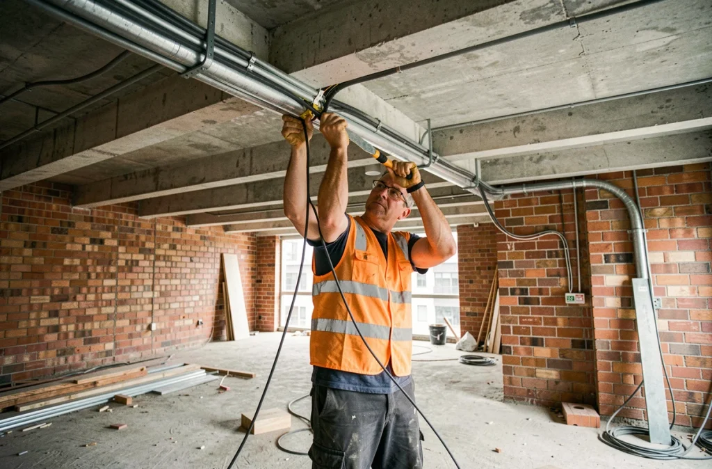 Technicien Isoelec tirant des câbles électriques dans un local commercial en construction