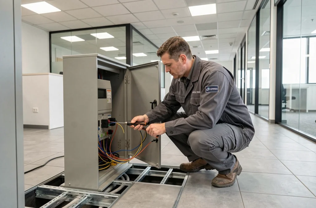 Technicien ITK Elec raccordant des câbles dans un cabinet électrique au sol d'un bureau moderne