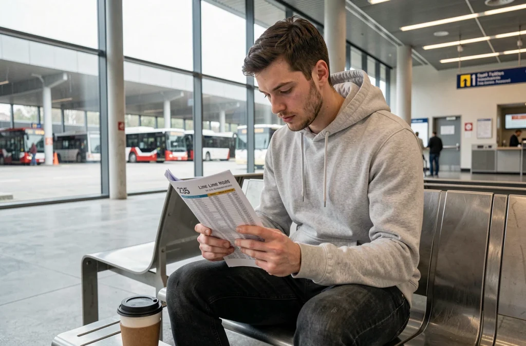 Jeune homme lisant un guide horaire de la ligne 235 dans une gare routière moderne