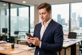Jeune homme politique connecté consultant son smartphone dans un bureau moderne, illustrant la nouvelle génération de politiques actifs sur les réseaux sociaux