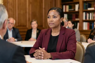 Lââm lors d'un engagement associatif, chanteuse devenue femme engagée lors d'une table ronde caritative à Paris