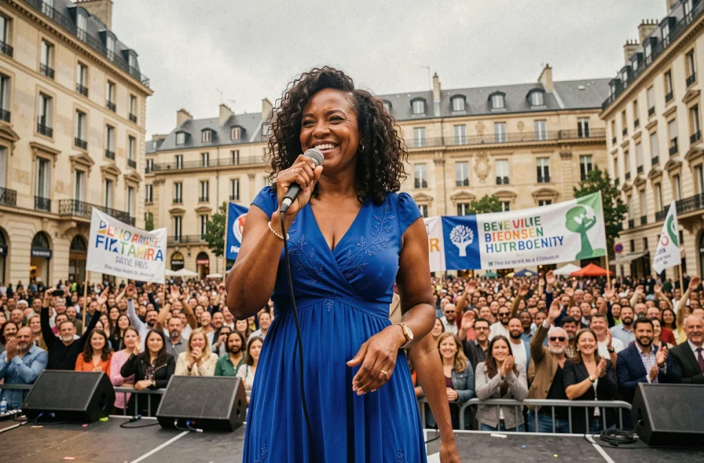 Lââm sur scène lors d'un concert engagé en plein air, micro en main face à un public populaire dans une ville française