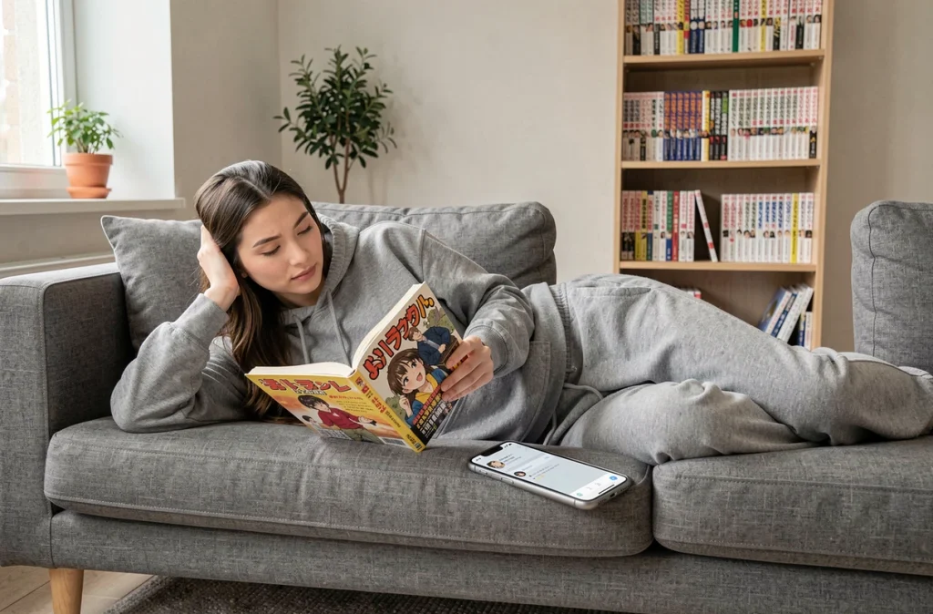 Lectrice de manga comparant scan numérique et volume physique One Punch Man sur canapé