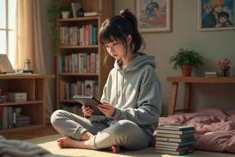Jeune femme lisant des mangas sur tablette dans une chambre décorée de collections de mangas japonais