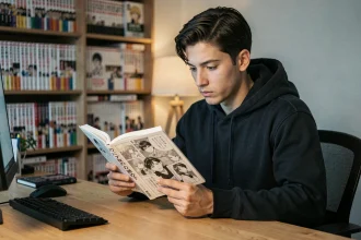 Jeune homme lisant un scan manga de The Eminence in Shadow à son bureau, illustrant la lecture en ligne de manga en 2026