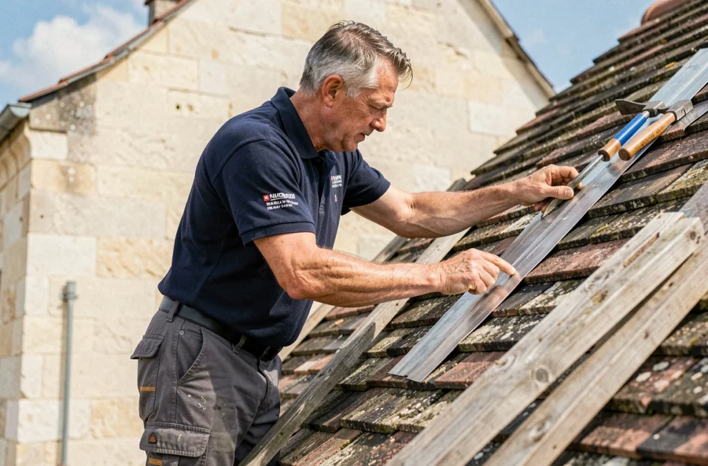 Artisan couvreur de l'entreprise Lejeune posant des solins en zinc sur une ferme en pierre rénovée dans le Loir-et-Cher