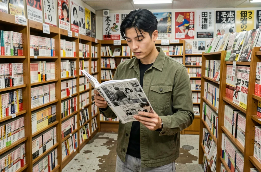 Jeune homme feuilletant un volume manga dans une librairie, évoquant la découverte des scans de The Eminence in Shadow avant 2026