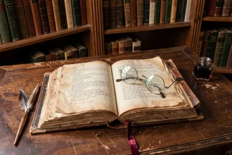 Livre de poésie ancien ouvert sur un bureau en noyer avec une plume et des annotations manuscrites, évoquant l'œuvre littéraire d'Alexander Pope au XVIIIe siècle