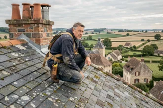 Couvreur professionnel au travail sur un toit en ardoise traditionnel dans le Loir-et-Cher avec vue sur la campagne de la vallée de la Loire
