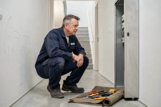 Électricien professionnel intervenant dans un immeuble résidentiel à Tourcoing, illustrant les meilleurs électriciens de la ville