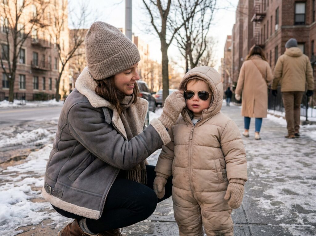 Mère ajustant les lunettes de soleil de son jeune enfant sur un trottoir en hiver en ville