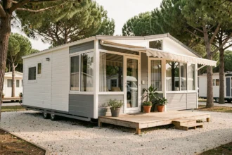 Mobil-home moderne de marque française installé dans un camping avec terrasse en bois et végétation environnante