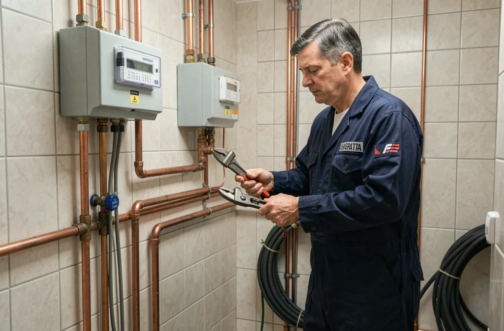 Spécialiste de Plomb-Elec 59 travaillant sur une installation combinée plomberie et électricité