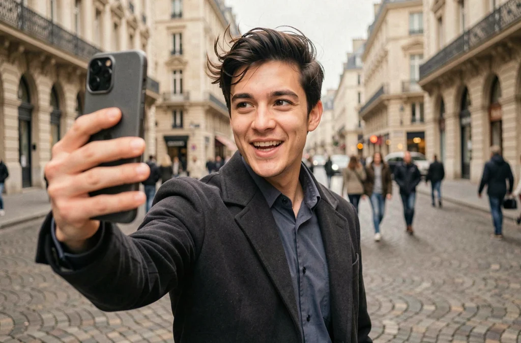 Homme politique filmant une story Instagram en plein air dans une place parisienne, incarnant la communication directe et authentique des élus connectés sur les réseaux sociaux