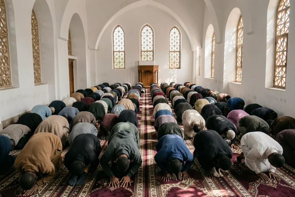 Fidèles accomplissant la prière collective du fajr dans une mosquée de Roubaix, rangées de fidèles prosternés sur des tapis géométriques