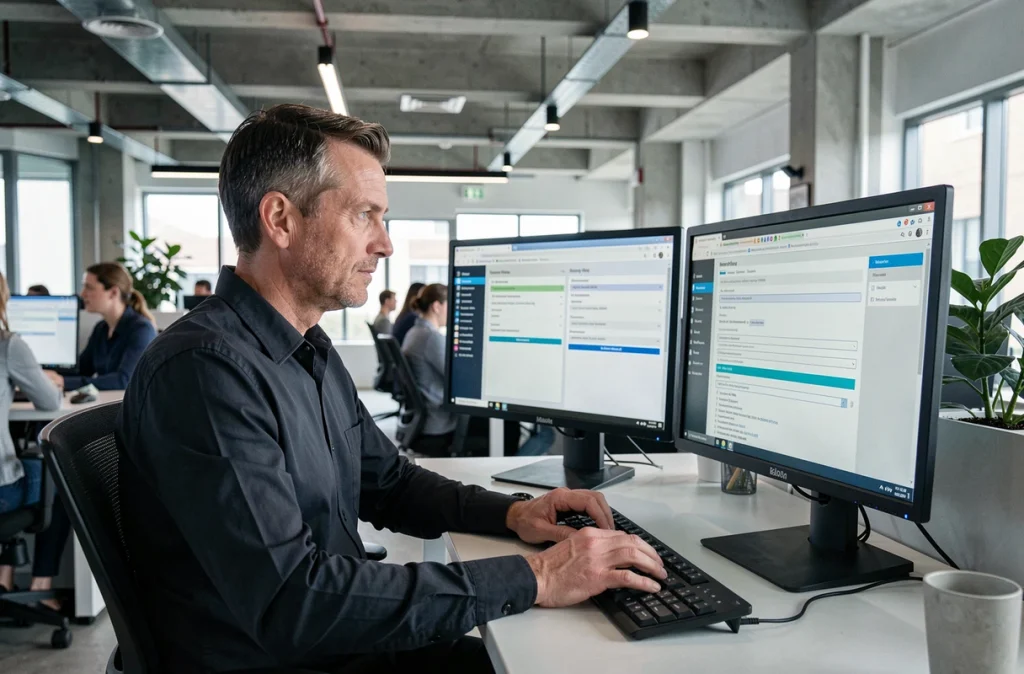 Professionnel configurant les paramètres réseau et proxy sur un ordinateur de bureau en entreprise pour débloquer un site