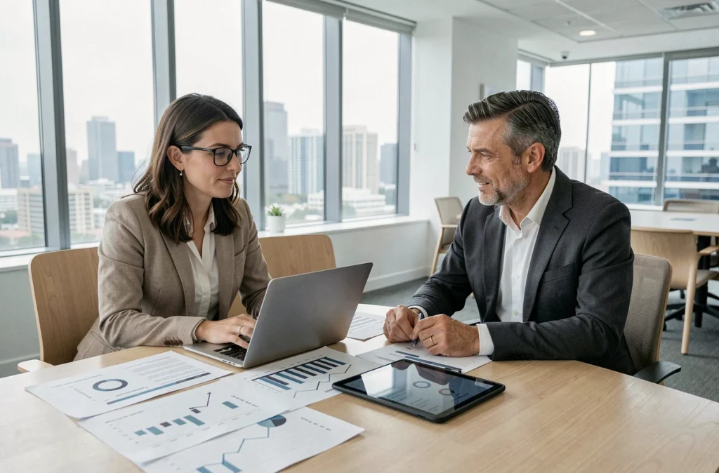 Deux professionnels analysant les risques liés à l'utilisation de Nokraf en réunion
