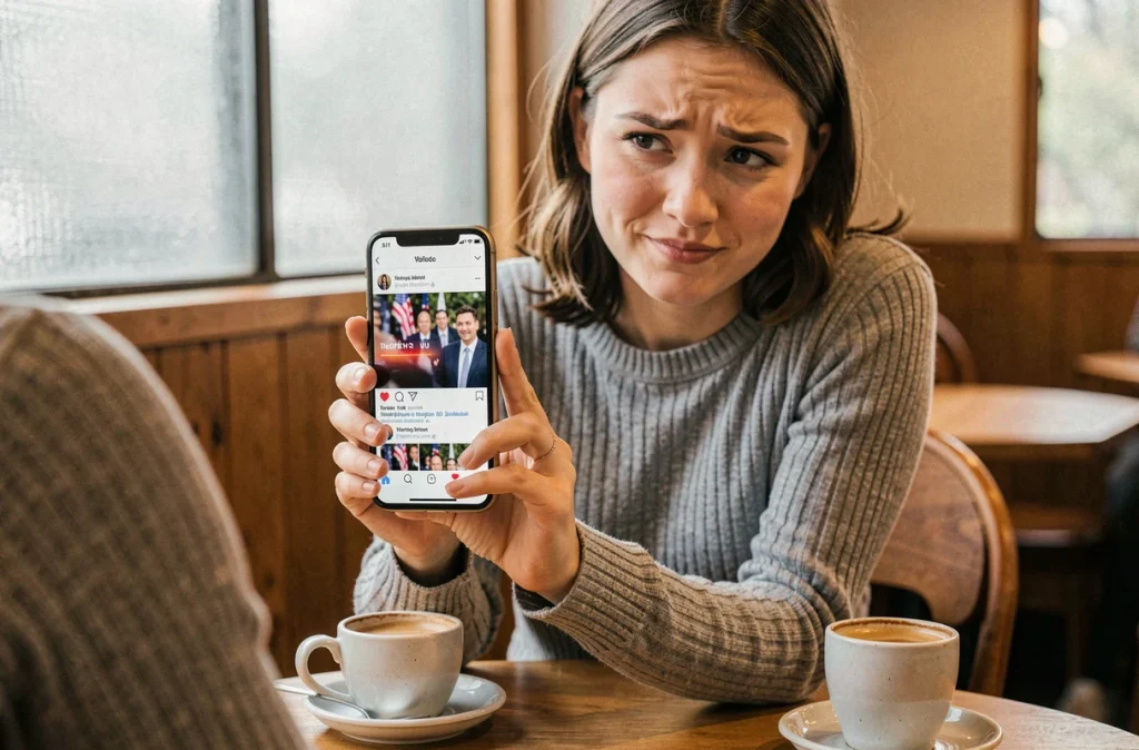 Jeune femme consultant des commentaires trolls sur les réseaux sociaux liés à la politique française