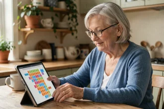 Une femme senior souriante jouant à un jeu de mots en ligne sur une tablette dans sa cuisine