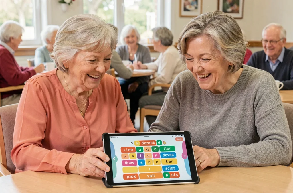 Deux femmes seniors jouant ensemble à un jeu de mots en ligne sur une tablette dans un centre communautaire