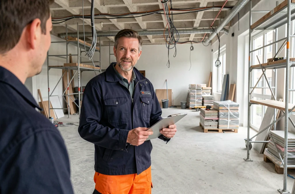 Chef de chantier de Services et Travaux SERTRA supervisant des travaux électriques et généraux à Tourcoing