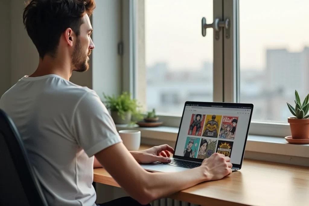 Homme parcourant un site de lecture de manga en ligne depuis son bureau à domicile