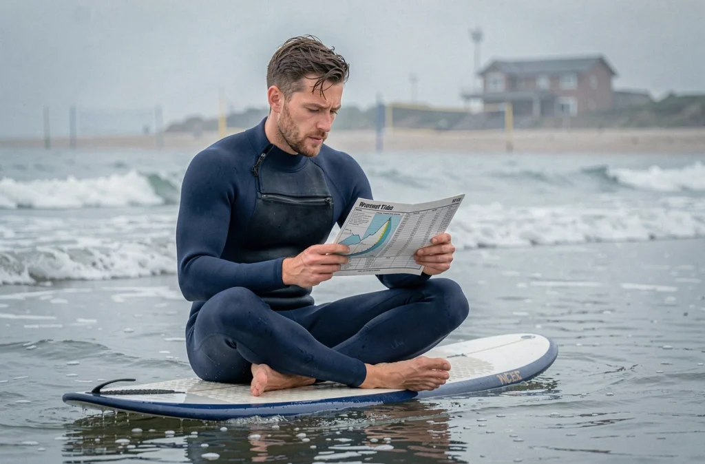 Surfeur débutant assis sur sa planche à Anglet consultant un tableau des marées pour planifier sa session de surf