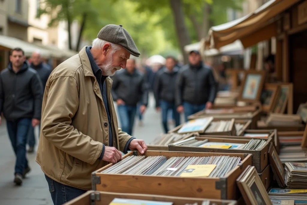 Homme âgé feuilletant des disques vinyles anciens dans un vide-grenier de village en Anjou