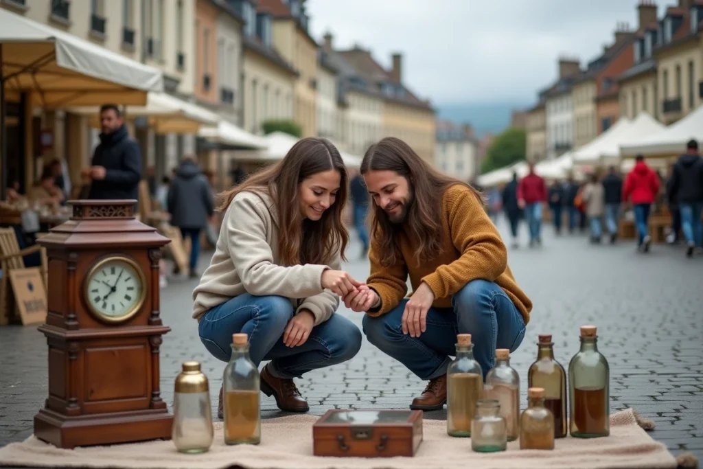 Couple de jeunes adultes inspectant des objets anciens posés au sol lors d'un vide-grenier dans le 49