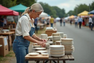 Femme arrangeant de la vaisselle vintage sur une table de vide-grenier en plein air dans le Maine-et-Loire
